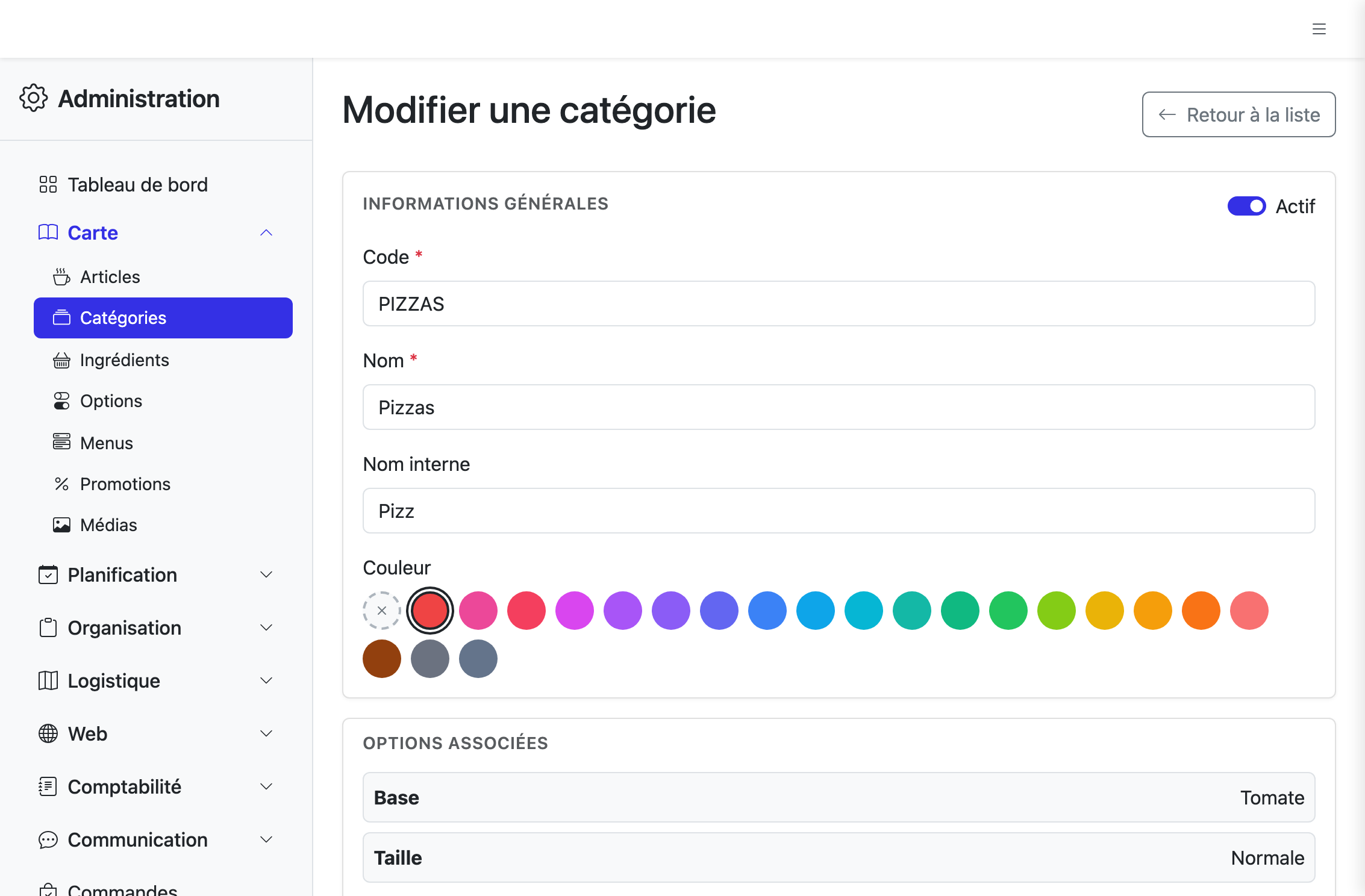 Champs Nom interne et Couleur renseignés sur la fiche d'une catégorie