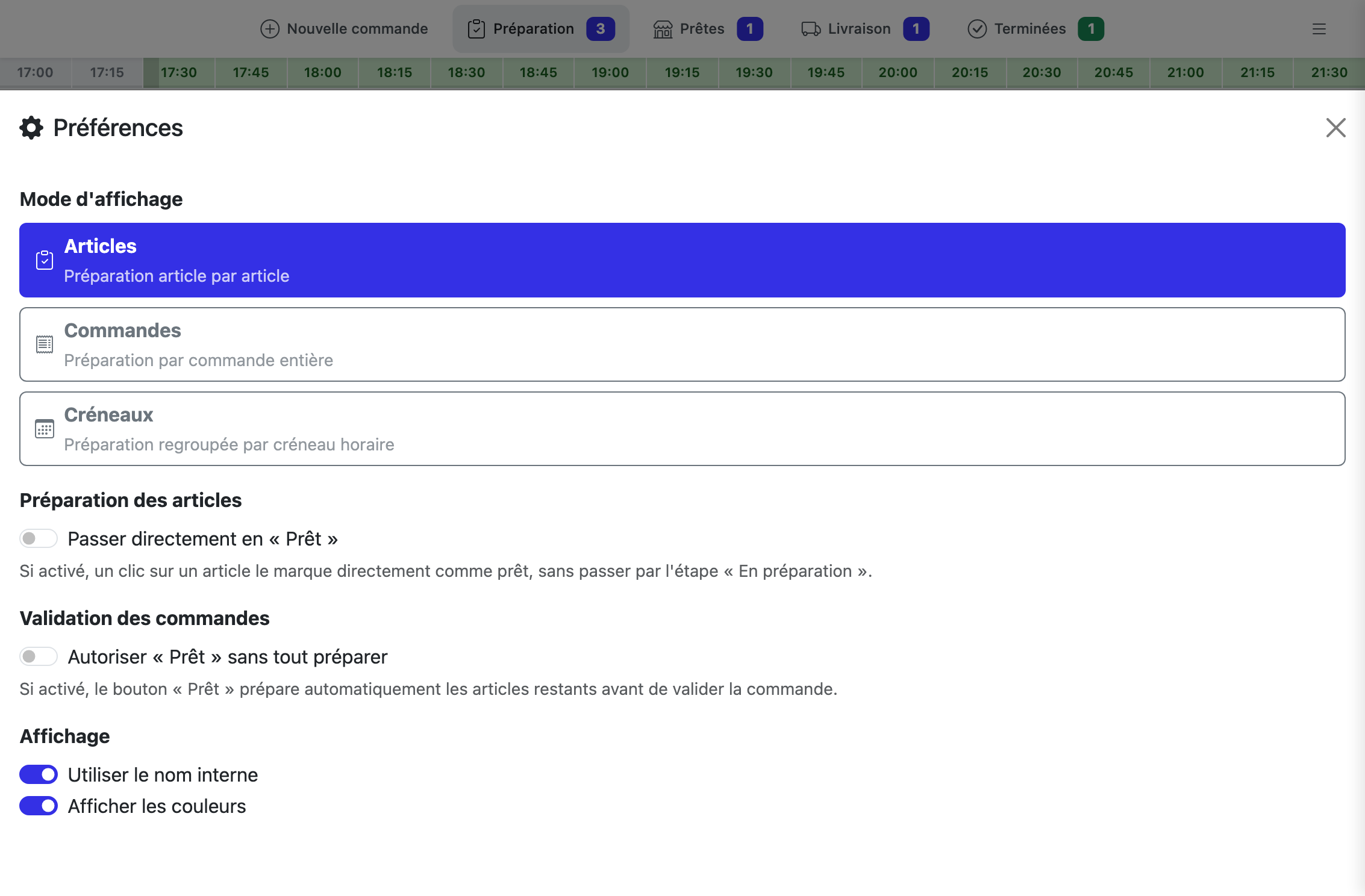Volet des Préférences ouvert : choix du mode d'affichage, raccourci de préparation, validation forcée, options d'affichage